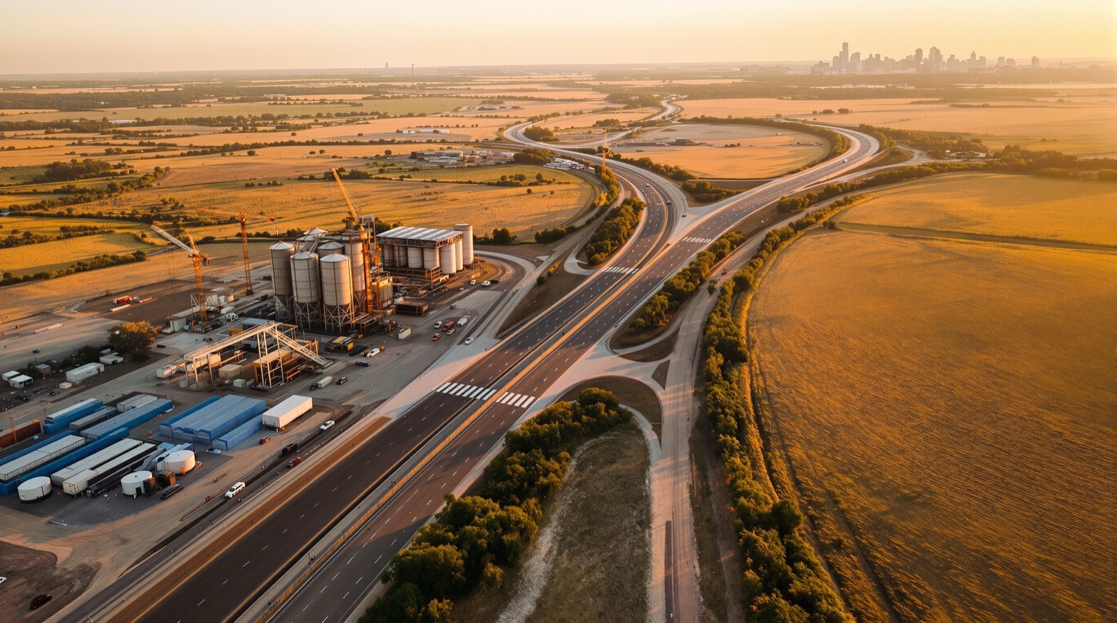 An aerial view of a North Texas freeway corridor with a concrete plant and distant construction