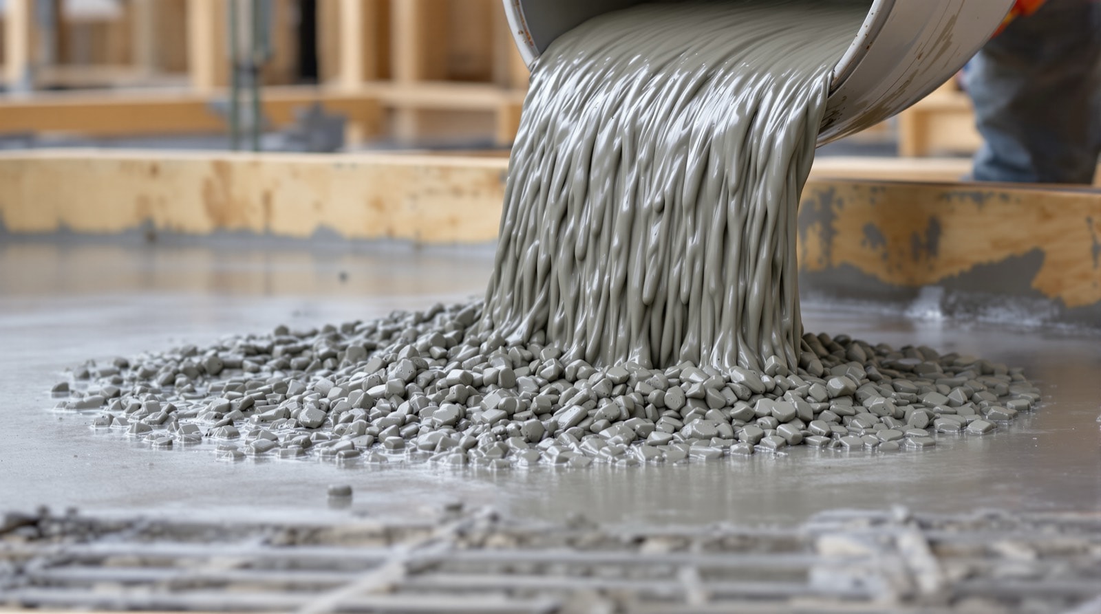 Fresh concrete discharging from a chute into reinforced slab formwork